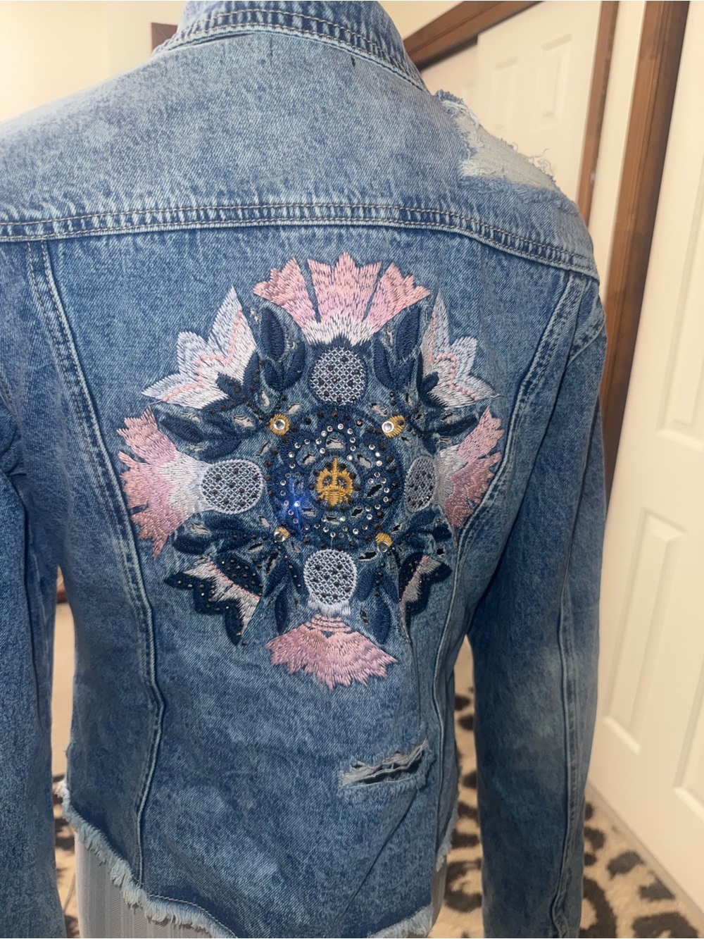 bebe Denim Jean Jacket with Pink & Blue Embroidered Back